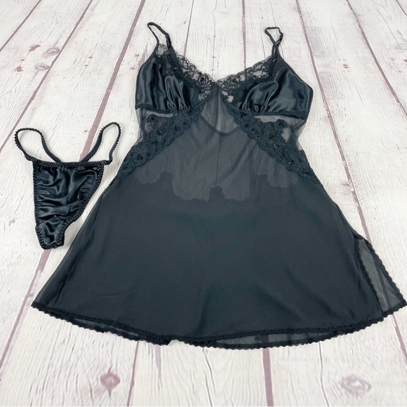 Vintage Y2K Victoria’s Secret Silk Mini Slip Dress Sheer Lace Size M Black - Picture 5 of 15